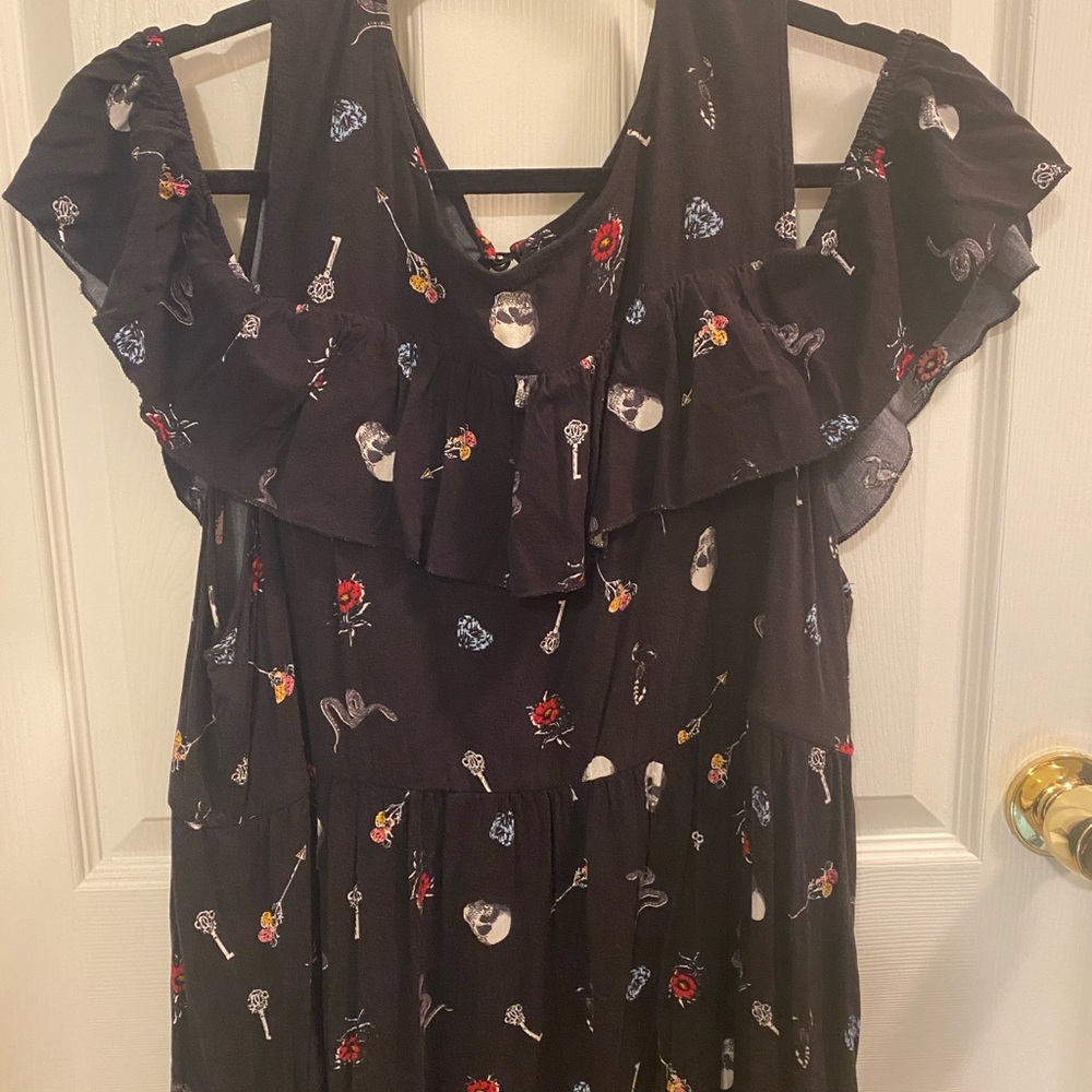 Torrid Black and Red Ruffled Cold Shoulder Midi Dress